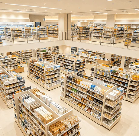连锁超市食品百货经营场景示意图：展示货架陈列、商品调价与会员营销的数字化管理